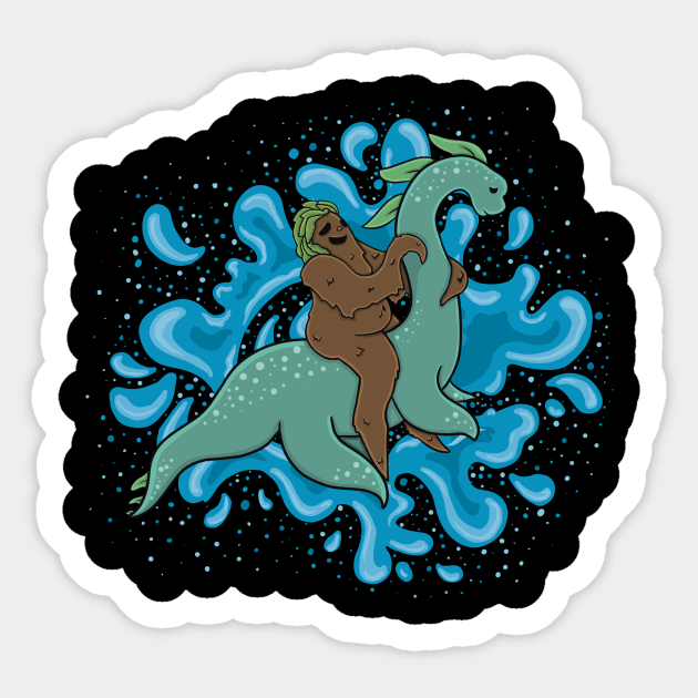 Sasquatch riding a Nessie Sticker by Marrizo's Curios